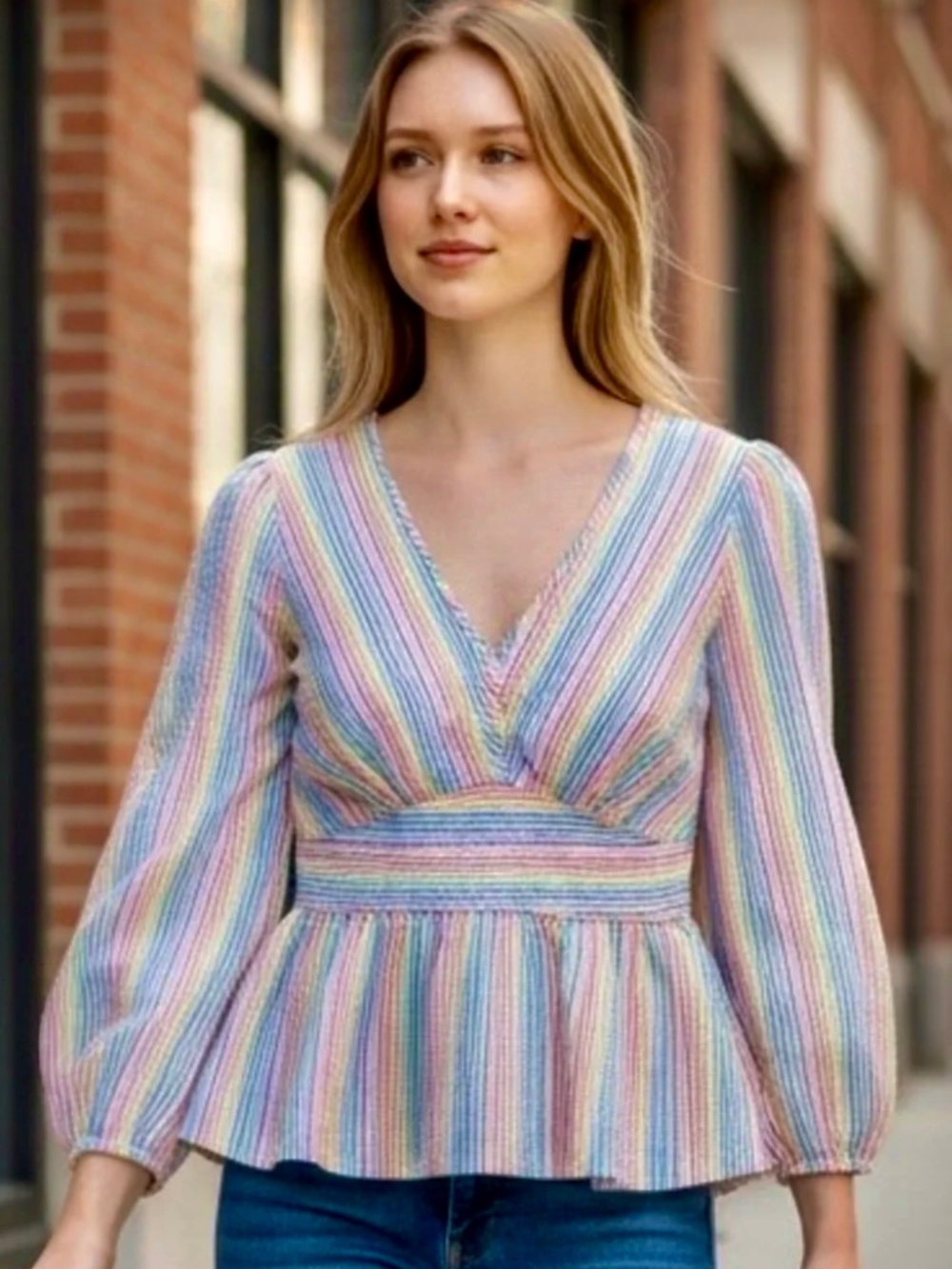 J. Crew V-Neck Peplum Cotton Top Rainbow Seersucker Stripes #AM647 Size 4/6 NWOT